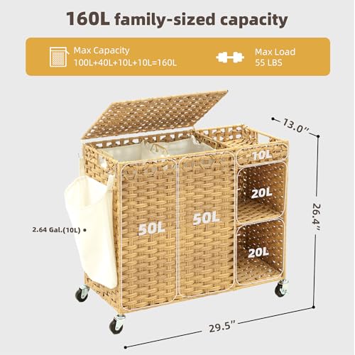 Laundry Hamper with Lid, 160L Rattan Wicker Laundry Basket with Wheels, Handwoven Laundry Hamper 2-Section with Storage shelf(42.3 Gal), Laundry Sorter Basket with Removable Liner, Natural HLH032N - color: Nature, size: 29.5”L x 13”W x26.4”H