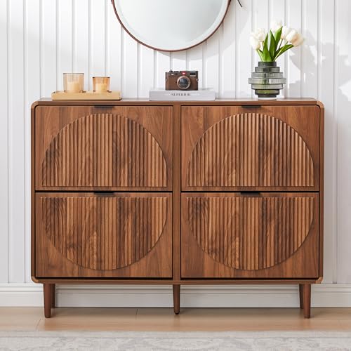 Shoe Cabinet Storage for Entryway, Fluted Shoe Cabinet with 4 Flip Drawers, Mid-Century Modern Hidden Shoe Rack, Freestanding Shoe Storage Organizer for Hallway, Living Room, Foyer, Walnut - color: Walnut-4 Flip Drawers