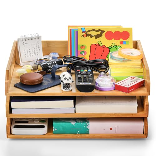 Okllen 3 Pack Stackable Paper Trays, Bamboo Desk Letter Tray Set, 3 Tier File Document Organizer Tray for A4 Paper, Magazine, Receipts, Office Supplies