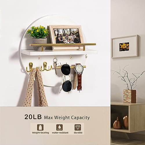 Key Holder for Wall Decorative with Shelf and Hooks, Mail Organizer Wall Mount with Sunglasses Holder, Circular Design Entryway Key Rack Hanger, Rustic Home Decor Boho Wall Decor (White) - color: White