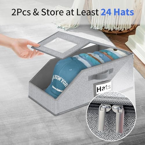 Aokeyee Hat Organizer for Baseball Caps - 2PCS Stackable Storage with Clear Window Lid, Flip-Top Access, Space-Saving Hat Box for Closet, Breathable Fabric (Grey)