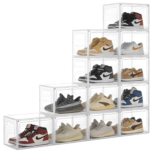 Upgraded X-Large Shoe Storage Boxes 12 Pack Clear Plastic with Magnetic Doors – Display Case Organizer & Sneaker Container Holds Size 12 Shoes, Easy Assembly Shoe Rack Holder - color: 12P