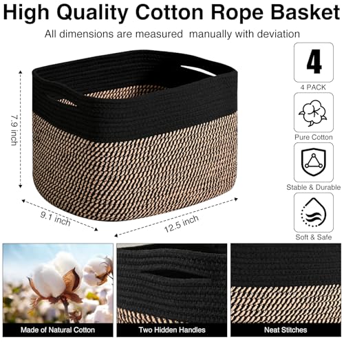 ICERZCZ Storage Baskets for Shelves Organizing, Woven Cotton Rope Baskets for Storage, Book Basket, Decorative Shelf Basket, 12.5"Lx9.1''Wx7.9''H (4 Packs) Black & Jute - color: Black & Jute, size: 12.5"(l)×9.1"(w)×7.9"(h)