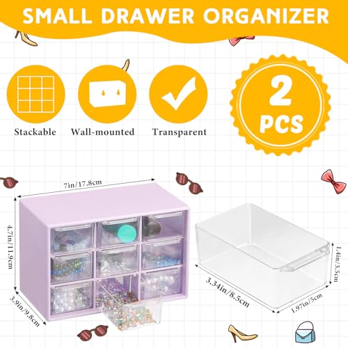 Wenqik 2 Pcs Mini Storage Drawers Teacher Toolbox Organizer with 9 Clear Drawers Small Plastic Desktop Teacher Desk Craft Organizer for Classroom Office 7" x 3. 9" x 4. 7"(Purple) - color: Purple