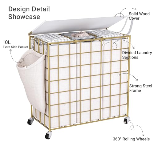 Laundry Basket with Wheels, Heavy Duty Laundry Sorter 3 Sections, 140L (37Gal.) Large Capacity Laundry Hamper with Wood Lid, 360 Rolling Wheels, Extra Side Pocket, Leather Pull Handle, Golden - color: Golden, size: 140L