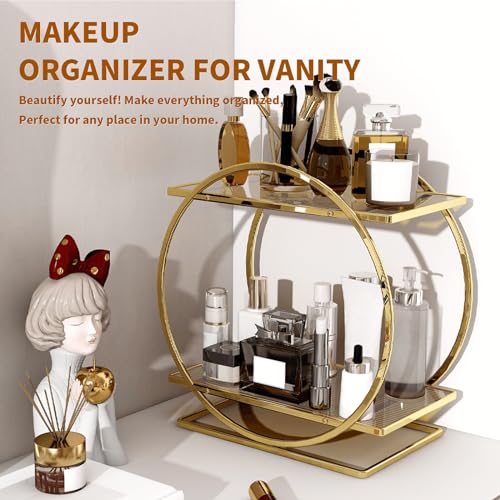 Perfume Organizer for Dresser, 2 Tier Bathroom Counter Organizers and Storage, Gold Makeup Organizer for Vanity, Bathroom Accessories & Decor, Skincare Perfume Trays Cosmetic Display Holder - color: Gold