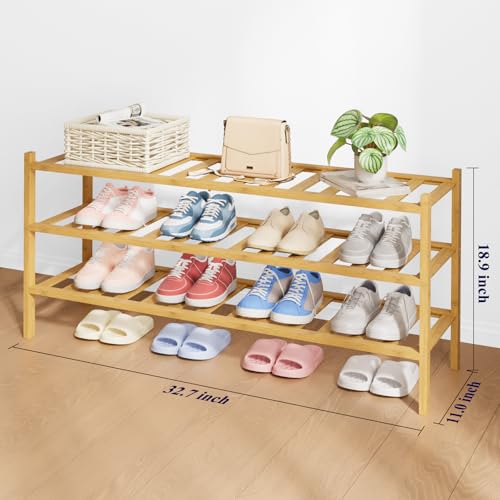 Kitsure Bamboo Wooden Shoe Rack for Closet - Stackable Shoe Organizer with Modular Structure, Space-Saving Shoe Shelf for Entryway, Living Room, Bedroom, 32.7" Wide - 3 Tiers, Natural - color: Nature, size: 32.7"Wide - 3 Tiers