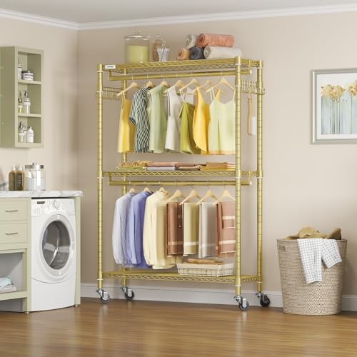 VIPEK R2 Plus Rolling Clothes Rack for Hanging Clothes Heavy Duty Garment Rack 3 Tiers Adjustable Wire Shelving Clothing Racks with Double Hanging Rods, Closet Organizers and Storage, Gold - color: Gold, size: R2 Plus