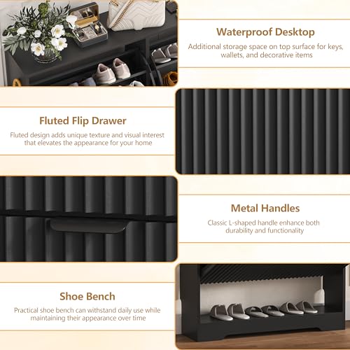HUANLEGO Shoe Cabinet Storage for Entryway with 2 Flip Drawers, Black Fluted Shoe Cabinet with Open Storage, Wooden Hidden Shoe Rack Freestanding Narrow Slim Shoes Organizer for Hallway, Entrance - color: Black, size: 2 Drawer