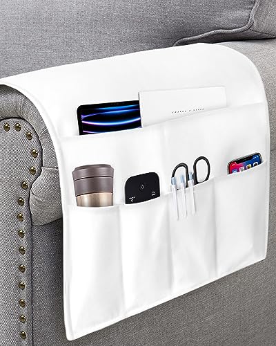 Sofa Armrest Organizer Bedside Caddy, White Non Slip Couch Remote Control Holder for Recliner, Pure White Arm Chair Caddy with Pocket for Magazine, Phone, 19.7''x35'' - size: 19.7x35 in