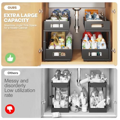 1 Pack 19IN Depth Under Sink Organizer, 2-Tier Pull Out Cabinet Organizer With Smooth Circular Rail, Large Capacity Metal Mesh Sliding Drawers For Bathroom& Kitchen Storage,Height Adjustable-Black - color: Black, size: 1 Pack-19"Dx11.6"-16.7" H