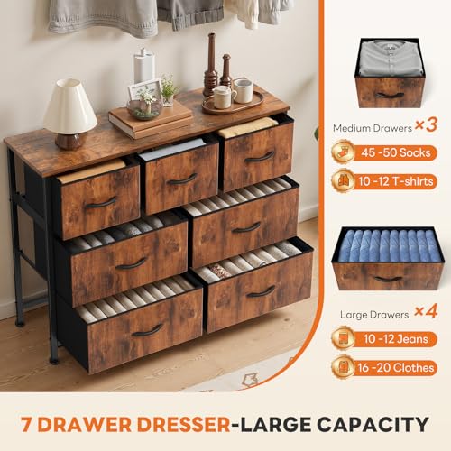 Sweetcrispy 7 Drawer Dresser with Fabric Bins Fabric Storage Tower Organizer for Bedroom Closet Hallway Entryway Tall Chest of Drawers with Steel Frame Wood Top Easy Pull Handles,Rustic Brown - color: Brown, size: 11.8"D x 39.3"W x 30.3"H (7 Drawers)