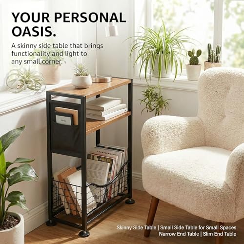 Skinny Side Table with Storage, 3 Tier Slim Side Tables for Small Spaces, Skinny End Table Narrow Bedside Table Narrow Side Table for Living Room, Bedroom - color: Rustic Brown