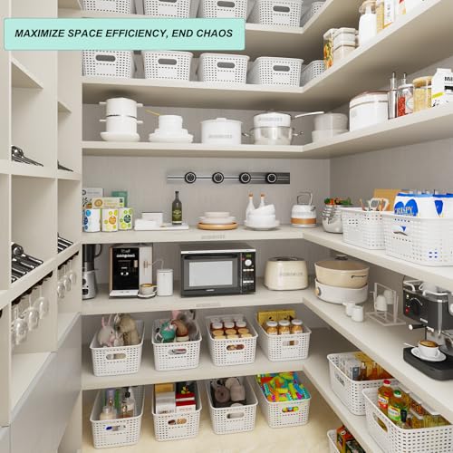 Plastic Storage Basket for Organizing 12 Pack Small Storage Bins Container for Shelves, White Shelf Baskets with Handles for Organization - color: White