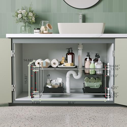 NETEL Under Sink Organizers and Storage,Kitchen Cabinet Organizer,2 Tier Under Sink Expandable Shelves，Bathroom Cabinet Organizer with Pull Out Drawers,(30.9-31.64)" W x 14.69" D x 15.83" H,Black - size: Multi-functional with 2 pull out baskets