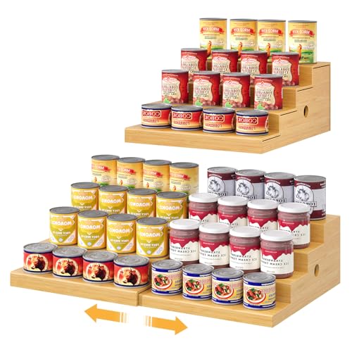 Expandable Bamboo Can Storage Rack, 4 Tier Adjustable Can Organizer for Pantry Holds Up to 32 Cans, Soda Can Dispenser, Canned Food Storage Display Shelf for Cabinet & Countertop (Patent Pending) - size: Standard