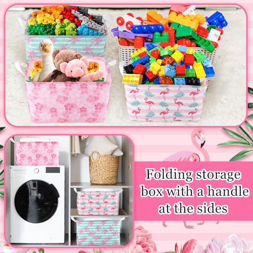 Geelin 3 Pcs Flamingo Baskets Summer Storage Basket for Gifts Collapsible Waterproof Canvas Cute Storage Bin Organizer with Handles for Book Closet Shelf Nursery Decor - style: Flamingo