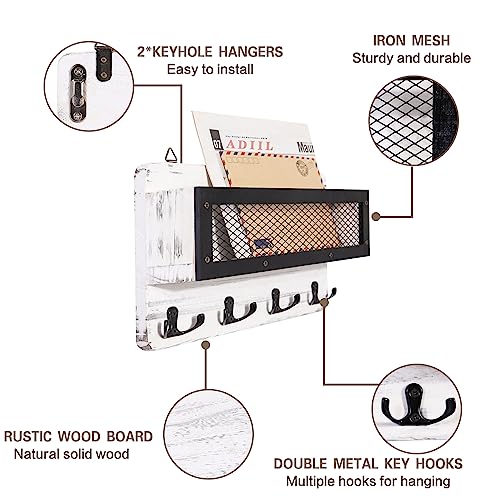 ADIIL Mail and Key Holder for Wall Decorative, Wooden Wall Mount Key Rack Hanger Organizer with 4 Double Key Hooks, Rustic Home Decor for Entryway Hallway, White - color: White