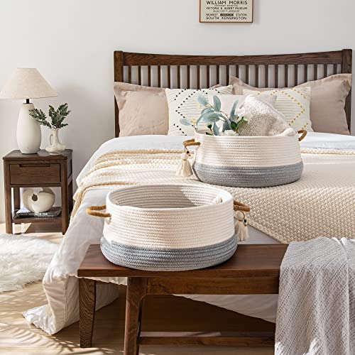 KAKAMAY Woven Baskets for Storage(16"x8"),Blanket Basket for Organizing Living Room,Cotton Rope Basket Woven Baby Laundry Hamper,Collapsible Laundry Room Organization,Clothes,Toy Chest(Grey) - color: Grey