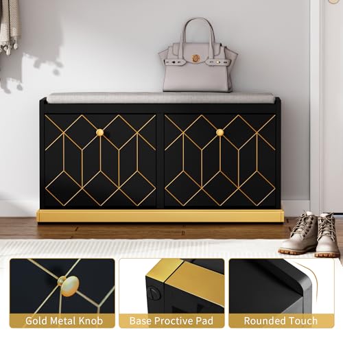 HLR Modern Shoe Bench with Storage, Entryway Bench with 2 Flip Drawer & Padded Cushion Seat, Shoes Storage Bench for Hallway, Closet, Living Room, Black Shoe Storage Cabinet with Bench - color: Black