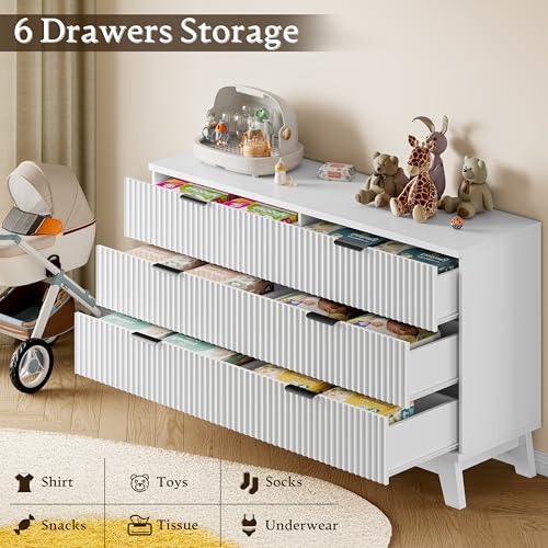 BORNOON 53" Long Dresser for Bedroom, 6-Drawer Dresser with Fluted Fronts, Wide Wood Chest of Drawers, Smooth Metal Slides, Stable Base, Modern Clothes Storage Cabinet for Living Room, Hallway - color: Pure White, size: XL 6-Drawer