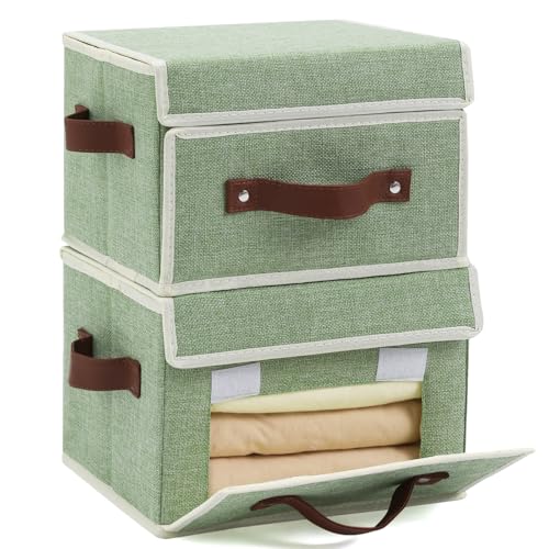 2PCS Storage Bins Box with Lids Front Opening Window Decorative Cotton Linen Fabric Basket PU Leather Handles PP Board Foldable Washable Shelf Closet Organizer Container (Light Green, Small) - color: Light Green, size: Small ( Pack of 2 )