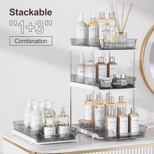 Delamu 2-Tier Multi-Purpose Bathroom Under Sink Organizers and Storage, Stackable Kitchen Pantry Organization, Pull Out Medicine Cabinet Organizer with Movable Dividers, Grey, 2 Pack - color: Grey, size: 2 Pack