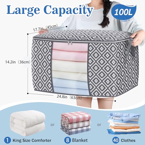 StorageTastic Direct 100L, 3 Pack, Storage Containers, Large Clothes Storage Bins Foldable Organization and Storage Bags with Reinforced Handle, Clear Window for Bedding, Blankets, Clothing, Grey - color: Grey, size: 3 x 100L