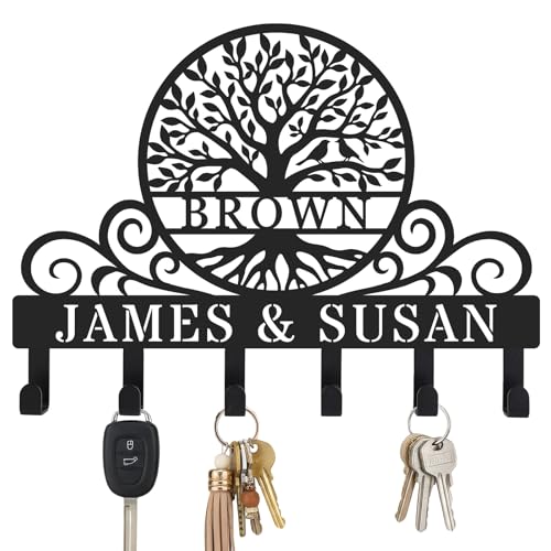 Personalized Tree of Life Metal Key Holder for Wall,Custom Monogram Coat Rack Wall Mount, Key Hooks for Bathroom, Living Room, Kitchen, Office, Wedding, Anniversary & Housewarming Gift - style: Tree of Life