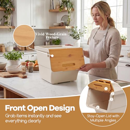 Giantex Plastic Stackable Storage Bins with Lids & Wheels, 6 Pack Open Front Stacking Bins, Organizer Bins for Pantry, Kitchen, Laundry, Closet, Playroom, Bedroom Organization （12.5 QT） - color: White + Natural, size: 6 Pack, 12.5 QT
