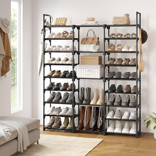 WOWLIVE 9 Tiers Large Shoe Rack Storage Organizer for Closet 50-55 Pairs Shoe Tower Unit Shelf Stackable Shoe Rack with Metal Pipes Plastic Connectors Black(SSS3B9) - color: Black, size: 3 Row 9 Tier