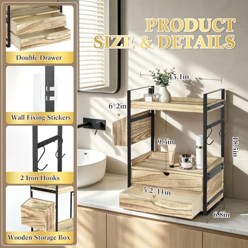 2-Tier Bathroom Counter Organizer with 2 Drawers, Basket and Hooks, Wood Bathroom Organizers and Storage for Countertop, Farmhouse Bathroom Countertop Organizer for Vanity, Kitchen, Coffee Bar, Office - color: Brown With 2 Drawers