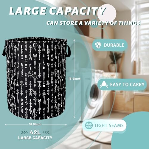 Black White Adventure Arrow Laundry Basket Foldable With Handles Tote Bag Oxford Cloth Funny Laundry Hamper Clothes Storage Bucket Toy Organizer 18.9" x 16.5" For Bathroom/Laundry/Bedroom - color: Black White Arrow