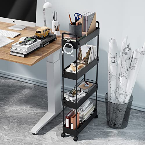 SOLEJAZZ Slim Rolling Storage Cart with Wheels 4 Tier Skinny Bathroom Storage Organizer Narrow Shelf Unit Thin Laundry Room Utility Cart for Bedside Kitchen Office Next to Fridge Small Places, Black - color: Black, size: 4-Tier, 4.76"D