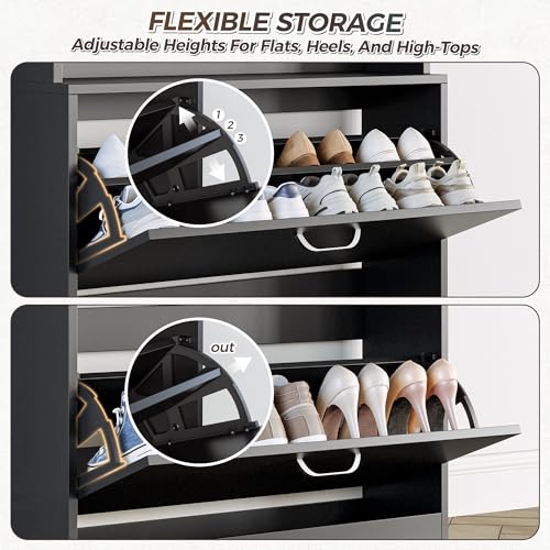 IRONCK Tall Shoe Cabinet with 2 Flip Drawers, Narrow Hidden Shoe Storage Cabinet with Shelves, Slim Freestanding Shoe Organizer for Entryway, Hallway, Black - color: Black