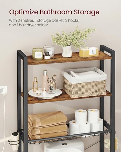 VASAGLE Over the Toilet Storage, Over Toilet Bathroom Organizer with Adjustable Shelves and Basket, 3 Hooks, Space Saving, 9.4 x 23.6 x 63 Inches, Rustic Brown UBTS113KD01S - color: Rustic Brown, style: 3 Tiers (63" H)