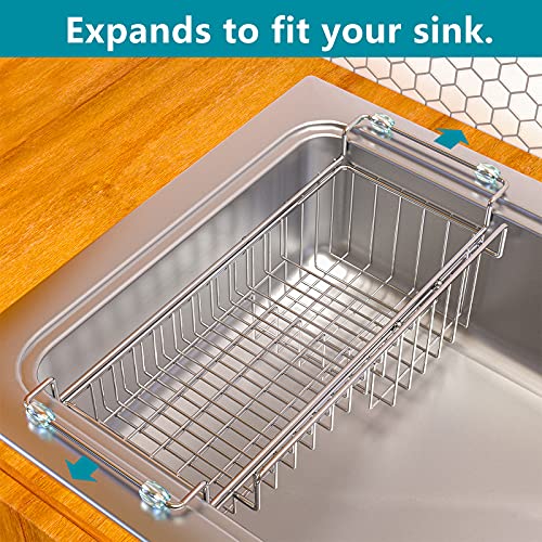Over The Kitchen Sink Caddy Sponge Holder Organizer Drying Rack Expandable for Sponge Brush Soap Dish Cloth Rag 14.5" to 22", Stainless Steel - size: 14.5" to 22"