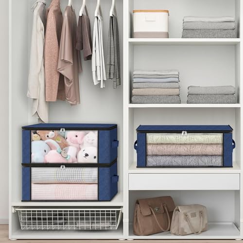 HomeHacks Storage 3-Pack Clothes Organizer Storage Bags Foldable Storage Box with Large Clear Window Sturdy Handles for Closet, Dorm, Pillows, Bedding, Clothes, Blankets, 35L, Blue - color: Blue