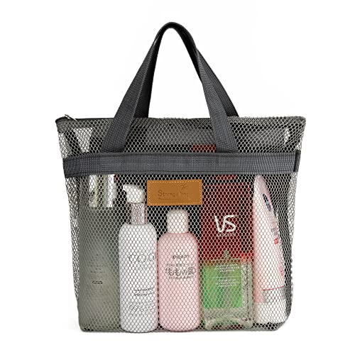 TOPASION Mesh Shower Caddy Bag Portable Hanging Toiletry and Bath Organizer with Zipper for Travel, Gym, Camping, College Dorms, Beach - color: Grey