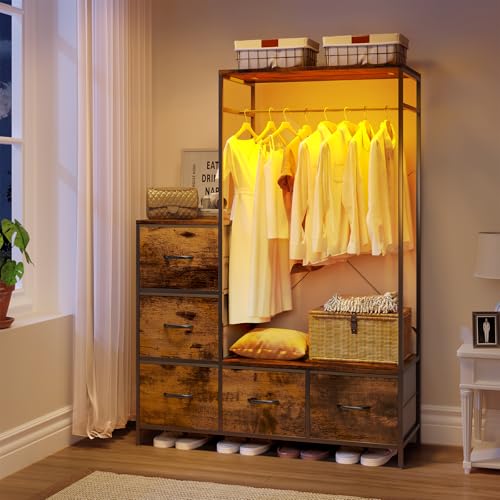 Clothing Rack with Fabric Drawers & LED Lights, 39.4W*57H Dresser with Hanging Rack, Free Standing Wardrobe Closet with Shelves, Closet Organizer with Drawers for Bedroom, Small Space, Apartment - color: Brown