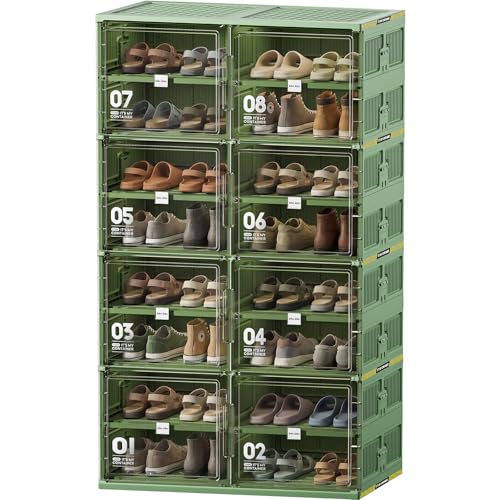 JEKO&JEKO 8 Tiers Green Foldable Shoe Rack Organizer for Entryway, Outdoor Front Door Shoe Storage Cabinet, Large Collapsible Shoe Box with Magnetic Doors, Holds Up to 32 Pairs - color: Double-row(Green), size: 8 Tiers