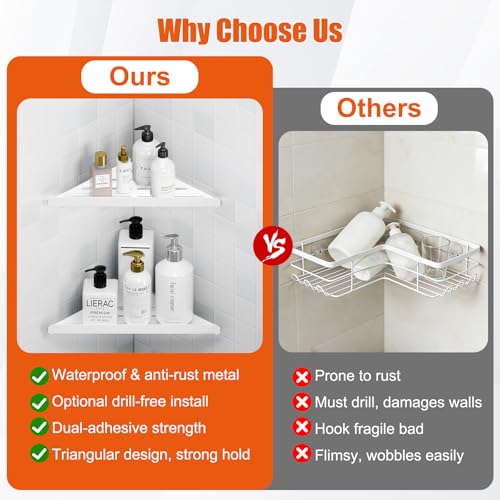 Fikoksol Shower Caddy, 2 Pack Bathroom Corner Shelf, Triangle Shelf Storage for Bathroom Shower, White Metal Shower Shelf & Rustproof Wall Mounted Adheisve Glue Organizer Accessories and Essentials - color: White, 2pc