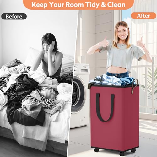 SpaceTrove Laundry Basket with Wheels, Collapsible Laundry Baskets, Laundry Hamper with Handles Detachable Wheels, Rolling Laundry Basket, Dirty Clothes Hamper for Bathroom, Dorm, Bedroom, Red, 80L - color: Red, size: 80L