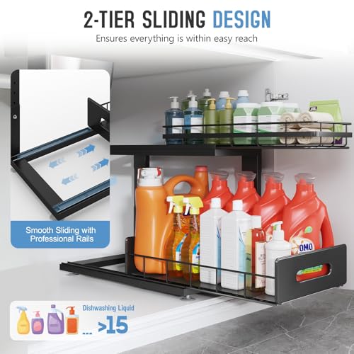 Under Sink Organizer Upgrade To Professional Rails,2-Tier Dual Pull Out Cabinet Storage,Height Adjustable Slide Out Drawers For Bathroom Kitchen,2 Pack-18.5"Dx12.8"-16.9"H,Black - color: Black, size: 2 Pack-18.5"Dx12.8"-16.9"H