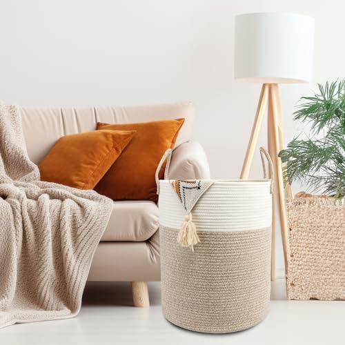 Woven Cotton Rope Laundry basket-15”X20” Laundry Hamper-Rope Storage Basket for Dirty Clothes, Toys and Blankets Perfect for Bathroom, Baby nursery and Living Room Storage (white and brown) - color: white and brown, size: regular