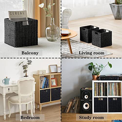 Vagusicc Wicker Storage Basket, Set of 2 Hand-Woven Wicker Basket, Foldable Cube Storage Bin, Black Storage Basket, Square Storage Baskets for Organizing Shelves & Decor, Black (11″×11″×11″) - color: Black, size: 11'' x 11'' x 11''