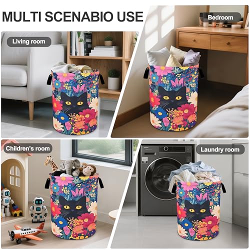 Black Cat Floral Laundry Basket Foldable Oxford Cloth Tote Bag Laundry Hamper Clothes Storage Bucket Organizer For Bathroom/Laundry Storage/Bedroom 19.6x15.7 Inch - color: Black Cat Floral