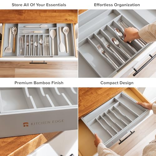 KitchenEdge Premium Silverware, Flatware and Utensil Organizer for Kitchen Drawers, Food-Safe Contract Grade, Expandable from 18 to 33 In, Gray Bamboo - color: Gray Bamboo, size: From 18" to 33" wide