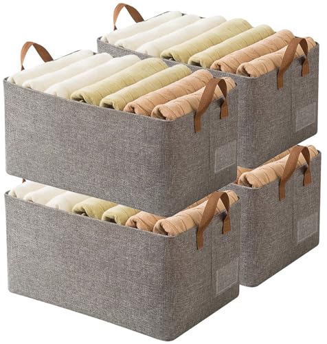 AARAINBOW Linen Closet Organizer Storage Bin with Steel Frame, Stackable Fabric Jeans Baskets for Shelves, 4 Packs Foldable Wardrobe Clothes Box for Sweater Pants Towel Shirt Storage, 23L Gray - color: 4 Gray