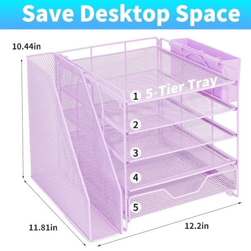 Desk Organizer, 5-Tier Paper Letter Tray Organizer with File Holder, Drawer and Pen Holder, Desktop Organizer for Office Supplies, Purple - color: Purple